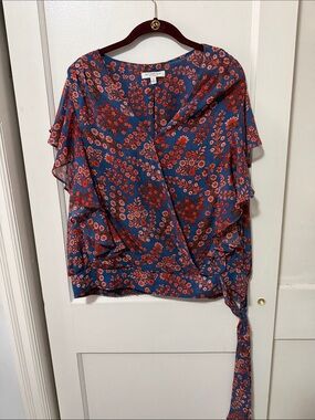 Liverpool Blue Wrap Blouse with Red Floral Print
